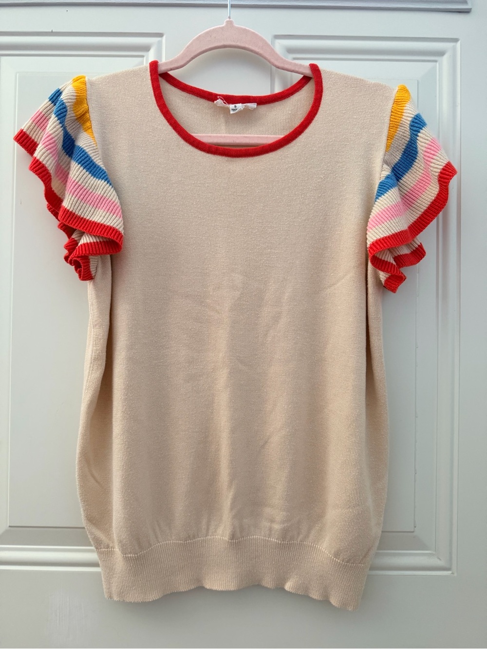 THML Cream Knit Top with Red Trim and Rainbow Ruffle Sleeves